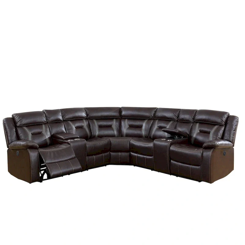 Power Reclining Sectional Sofa Set with USB Ports, Brown Faux Leather