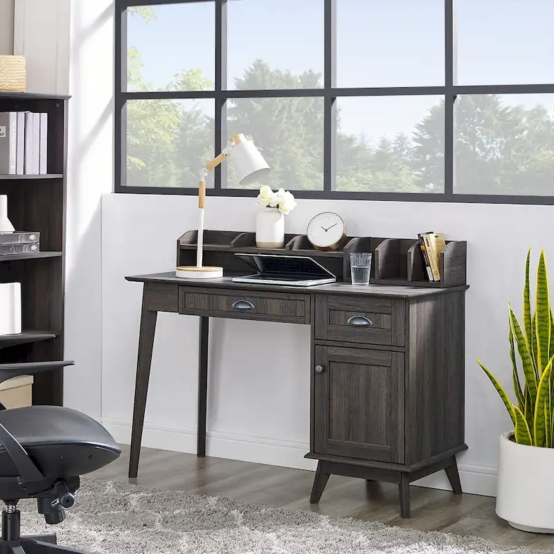 Golden Oak / Smoky Oak Writing Desk with Hutch – Modern Style, 1-Person