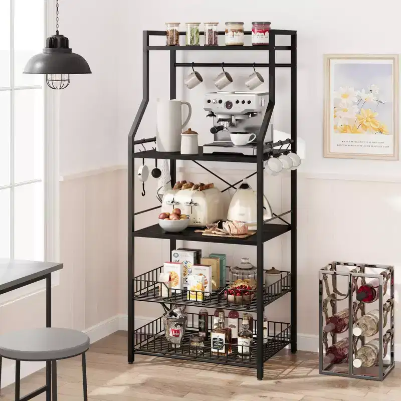 Rustic Microwave Stand, 5-Tier Storage Rack with Adjustable Feet and Anti-Tip Kit, Engineered Wood
