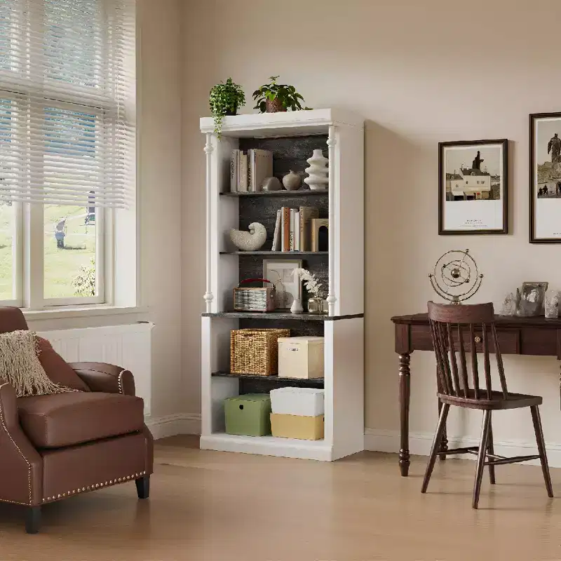 Bookshelf, 71 Inch 5-Tier Bookcase with Open Storage & 4 LED Lights - Roman Column Shelves for Home Office White