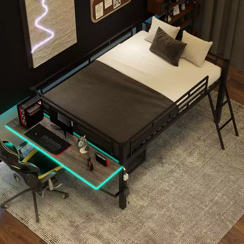 Whisen 92.8''L x 41.7''W Gaming Style Black Metal Loft Bed with Built in Desk, Ladder and Shelf
