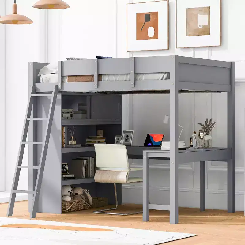 Full Size Loft Bed with Desk & Shelf - Solid Pine, 400 lb Capacity