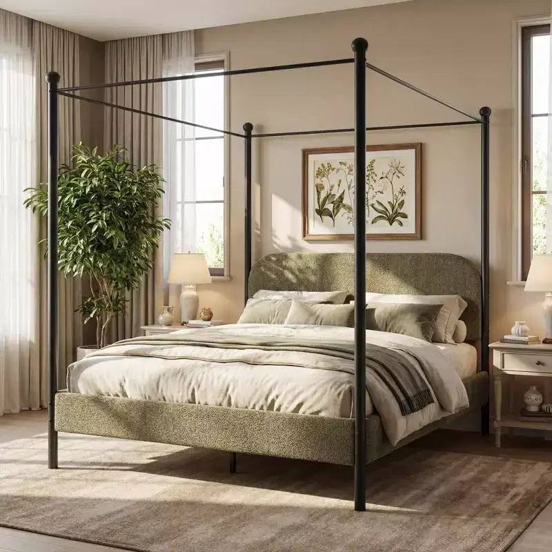 Christopher Knight Home Roman Modern Iron and Wood Boucle Upholstered Canopy Bed Frame with Curved Headboard