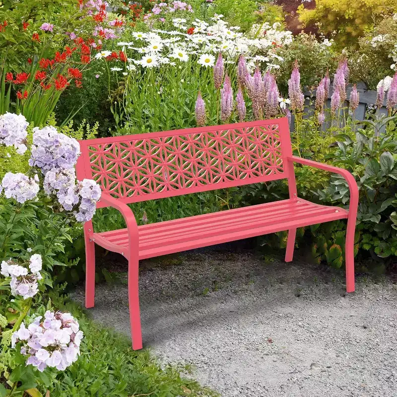 VINGLI 50 Outdoor Bench Metal with Floral Back, Garden Bench Front Porch Bench for Yard Patio Entryway Park Outside, 800lb Capacity - Pink