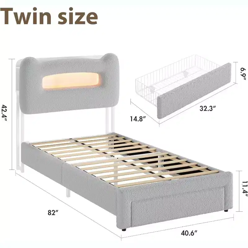 Twin Size Upholstered Platform Bed Frame with Storage Headboard, Charging Station & Drawer
