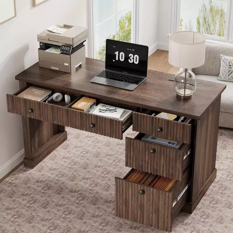 54'' Modern Executive Desk with Storage Cabinet and Drawer C Brown Fluted Computer Writing Desk for Home Office, Study, Living Room