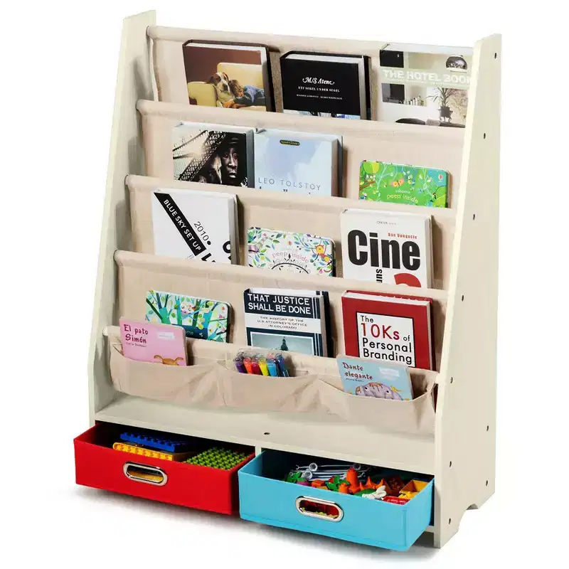 Kids Book Rack Toys Organizer with 4 Sling Bookshelf & 2 Boxes Espresso/Beige
