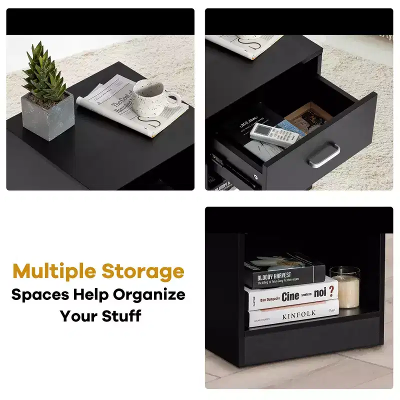 Modern Nightstand with Drawer and Open Shelf Black/Brown