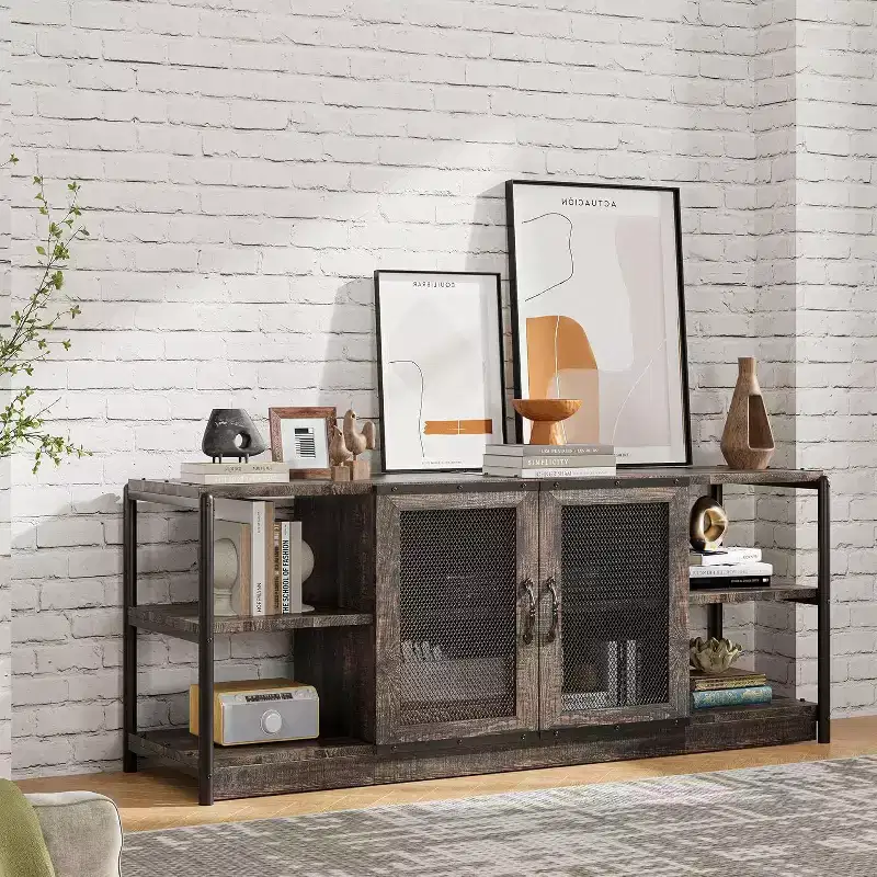 Rustic Grey Entertainment Center, 63-Inch TV Stand with Storage Cabinet and Mesh Doors for Living Room & Bedroom
