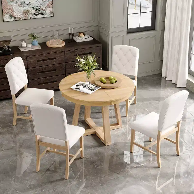 Whisen Retro Style 5-Piece Extendable Dining Set with 4-Botton Tufted Upholstered Chairs