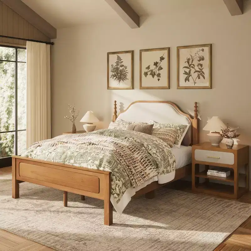 Queen Bedroom Sets Furniture-85 Solid Wood Bed Frame with Upholstered Headboard & 2 Nightstands, No Box Spring Needed, For Bedroom-Morden Fort