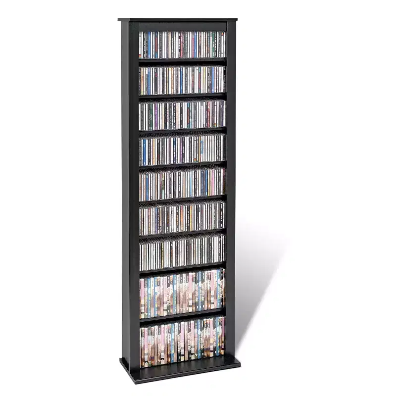 Slim Media Storage Tower, Black, Mid-Century Modern Cabinet with Adjustable Shelves, Holds 391 CDs