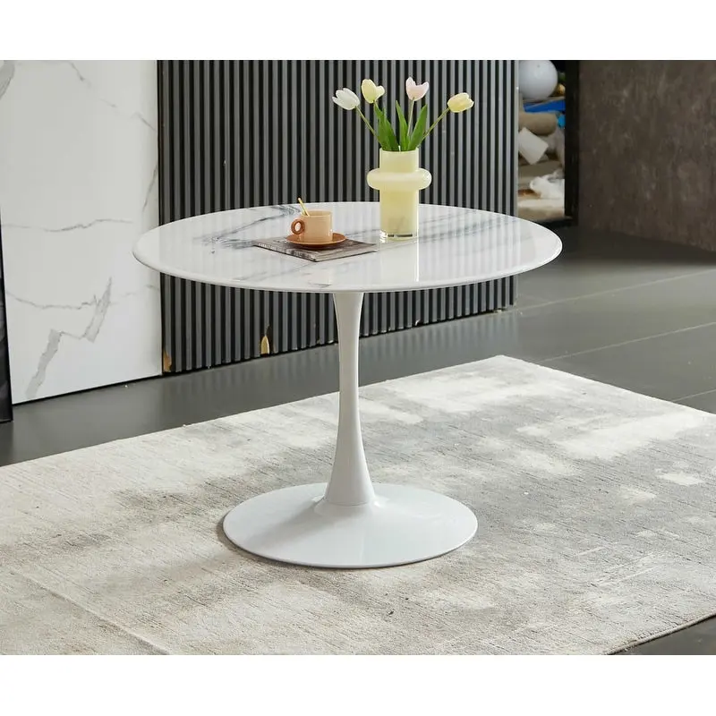 Round Dining Table with Marble-Look MDF Top, Seats 4–6