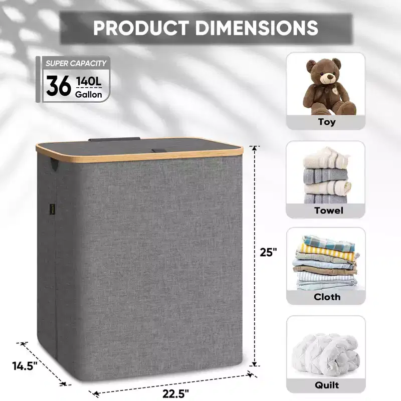 4bu Laundry Hamper with Lid, Bamboo Pull Handles, Large Capacity, Internal Support