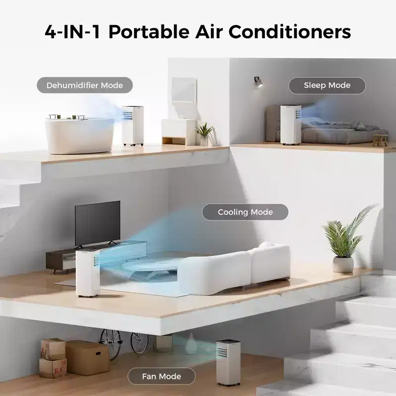 10,000 BTU Portable Air Conditioner, 4 Modes, Fast Cooling, Self-Evaporation, Remote Control, Timer, for Bedroom/Dorm/Indoor Use, White