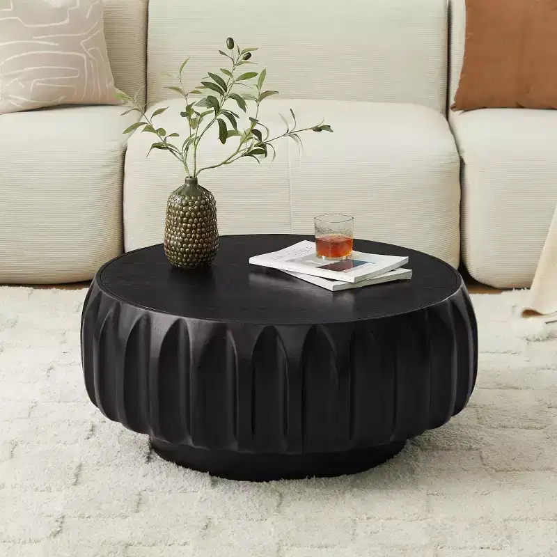 31.5 Round Wood Coffee Table, Mid-Century Modern Fluted Wood Carved Center Table for Living Room or Apartment - Panipeachy