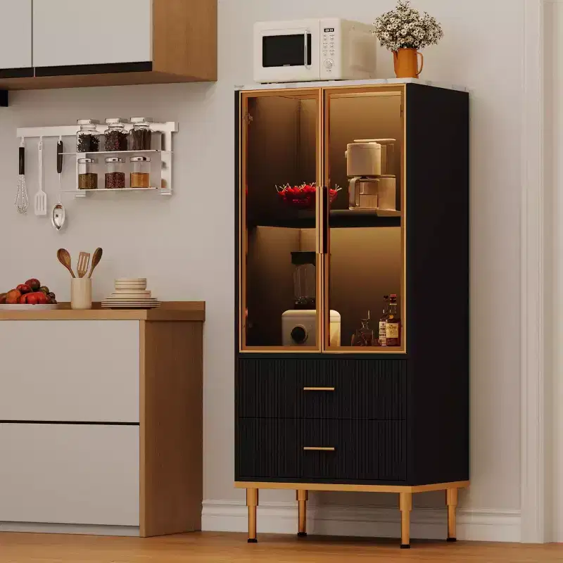 Modern Fluted Storage Cabinet with Glass Door and 2 Drawers, Adjustable Shelves, Gold Accents, MDF Build for Kitchen, Living Room, Office