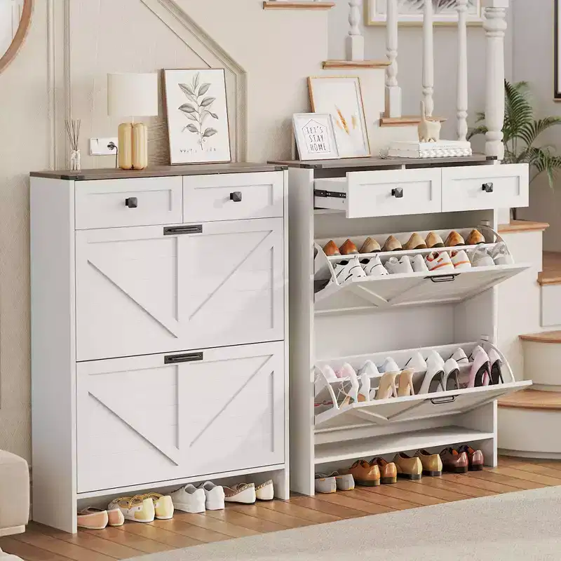 Shoe Storage Cabinet with 2 Flip Drawers and 2 Storage Cabinet, Entryway Shoe Rack, Farmhouse Wooden Shoe Cabinet for Hallway and Entryway