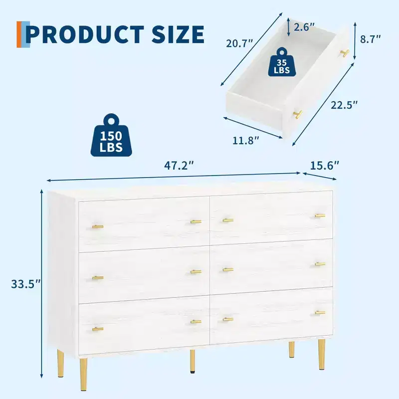 6 Drawers Dresser, Wood Rustic Chest of Drawers with Bar Handles, Vintage Design, Storage Dressers Organizer for Bedroom, Living Room, Hallway, White
