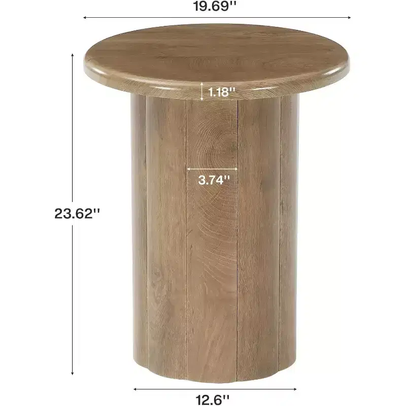 Lantine Round Side Table with Fluted Base, 20-Inch Nightstand, for Living Room Bedroom Small Space ,Rustic Brown
