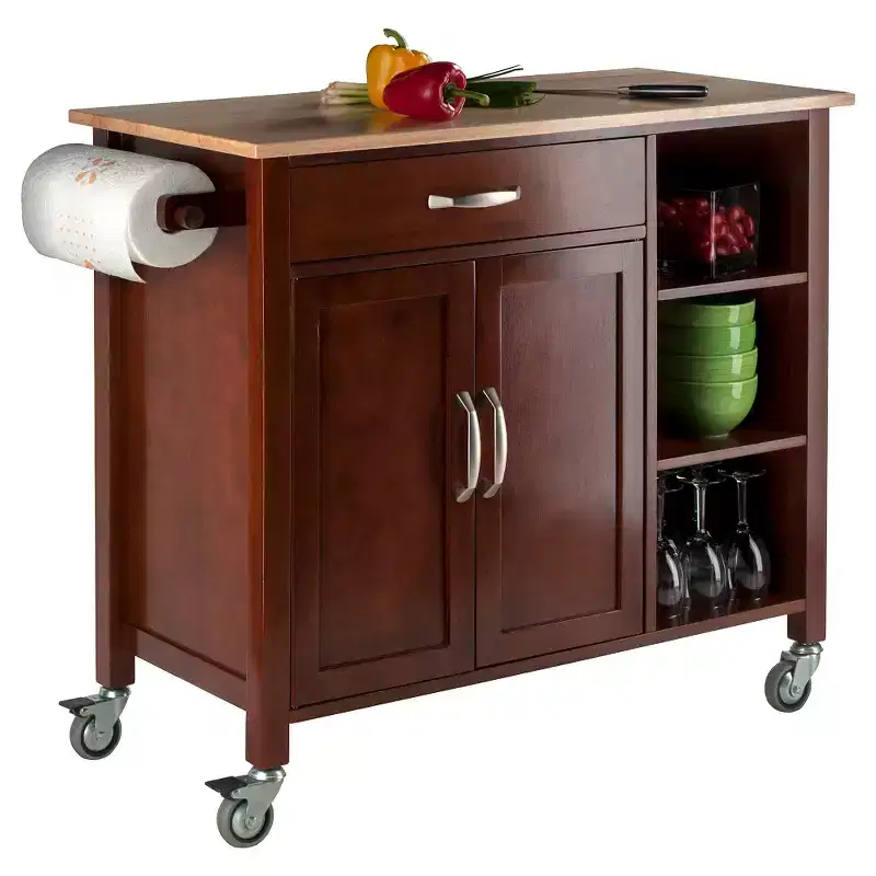 Kitchen Cart Wood/Walnut/Natural - Mobile Storage Unit with Towel Rack, Hardwood Frame
