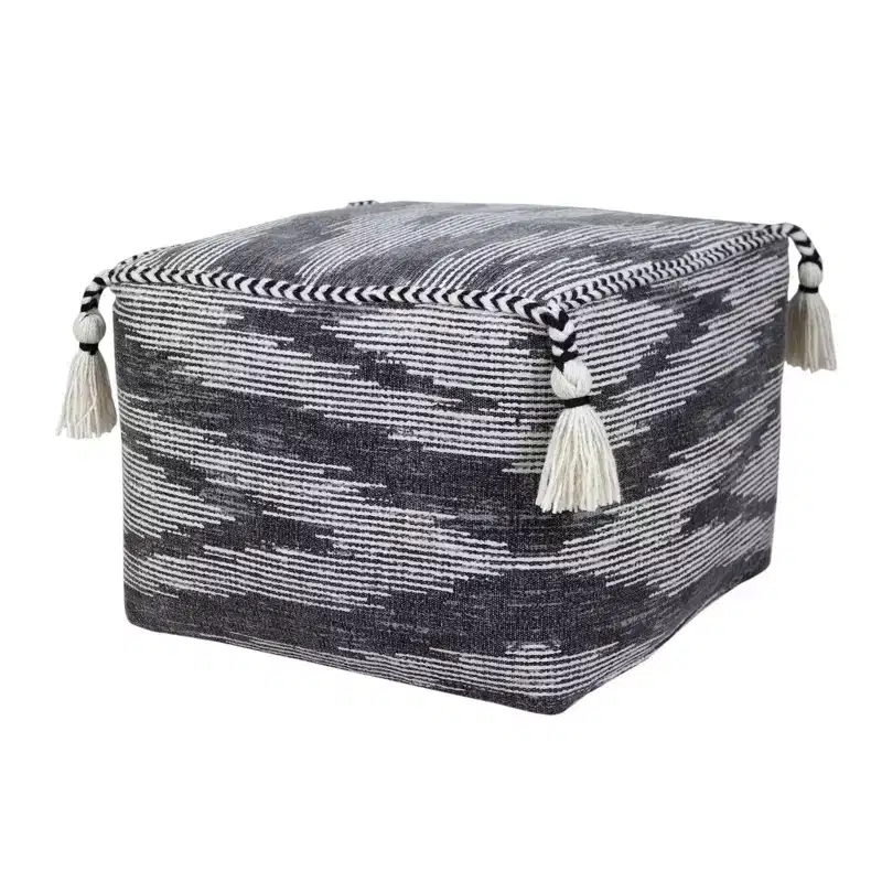 HomeRoots 18 Gray Cotton Striped Pouf Ottoman