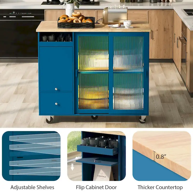 Kitchen Island with Drop Leaf, LED Light Kitchen Cart on Wheels