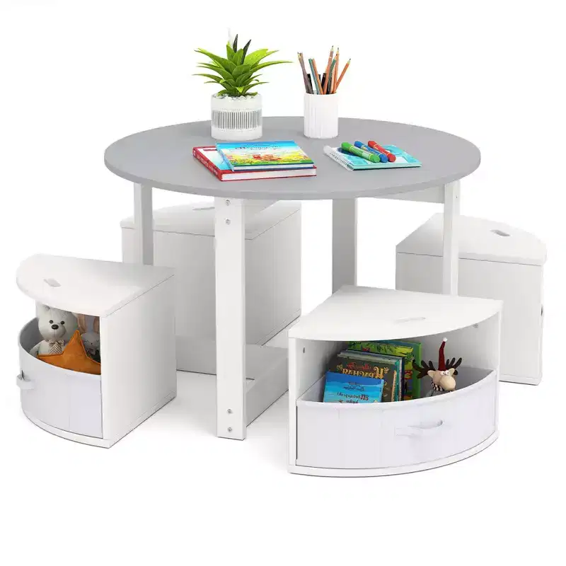 Costway 5 Piece Kids Play Table and Chairs Set Round Nesting Table Toddler Furniture Gray/Natural