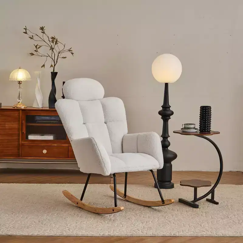 Teddy Fabric Upholstered Nursery Rocking Glider Chair Modern Accent Armchair Padded Seat with High Backrest and Pillow for Living Room Bedroom (Ivory)