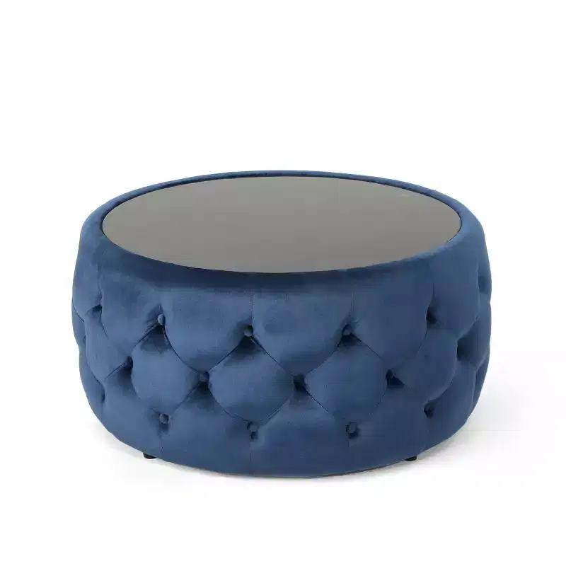 Round Glam Coffee Table Ottoman - Blue Velvet with Tempered Glass Top