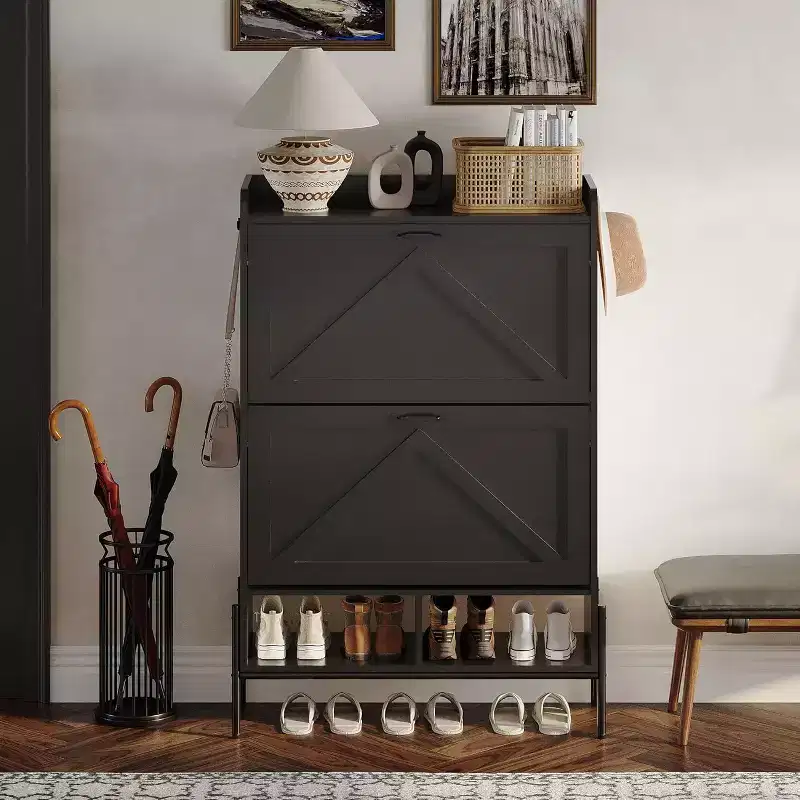 Shoe Cabinet with 2 Flip Drawers - Freestanding Storage Organizer for Entryway, Narrow Shoe Rack Cabinet, Dry and Wet Separation with Metal Legs