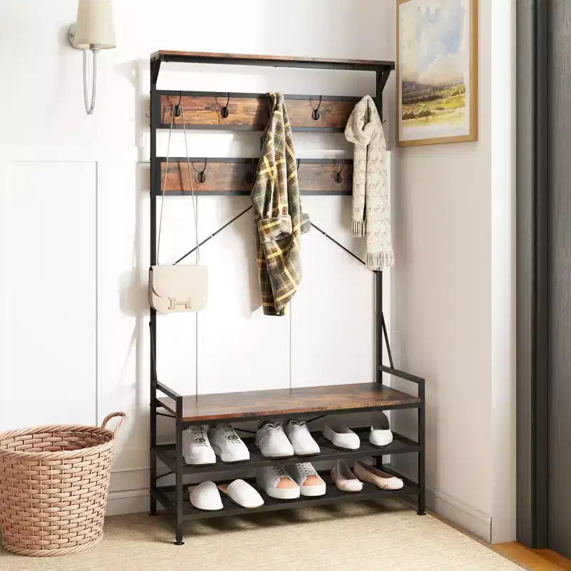 Costway Coat Rack 4-In-1 Hall Tree with 11 Hanging Hooks, Shoe Bench, 2-Tier Shoe Rack Gray/Brown