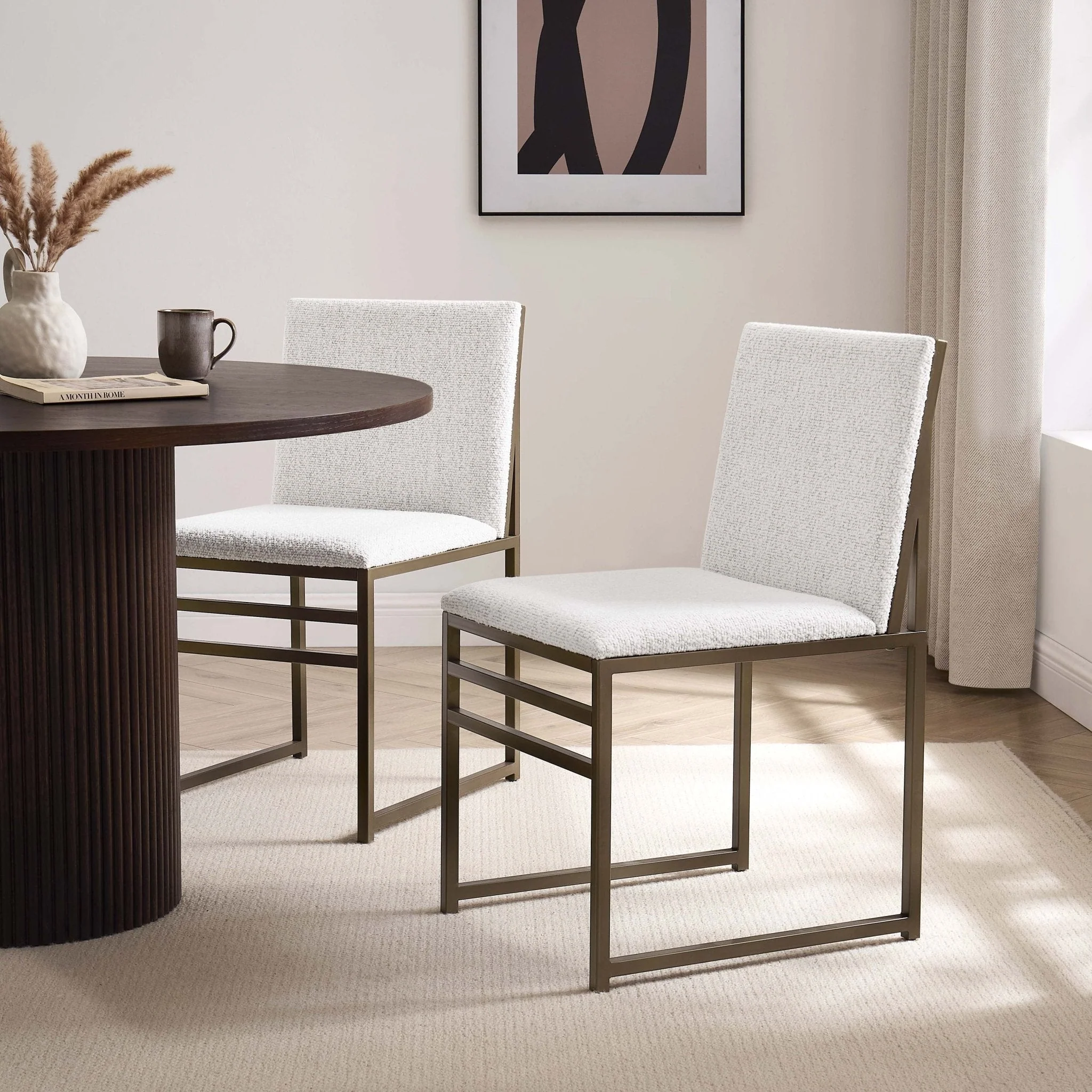 Modern Ivory Boucle Dining Chair with Black Metal Frame for Dining Room
