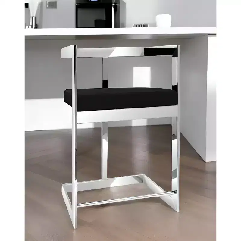 HomeRoots 26 Black and Silver Velvet and Stainless Steel Low Back Counter Height Bar Chair