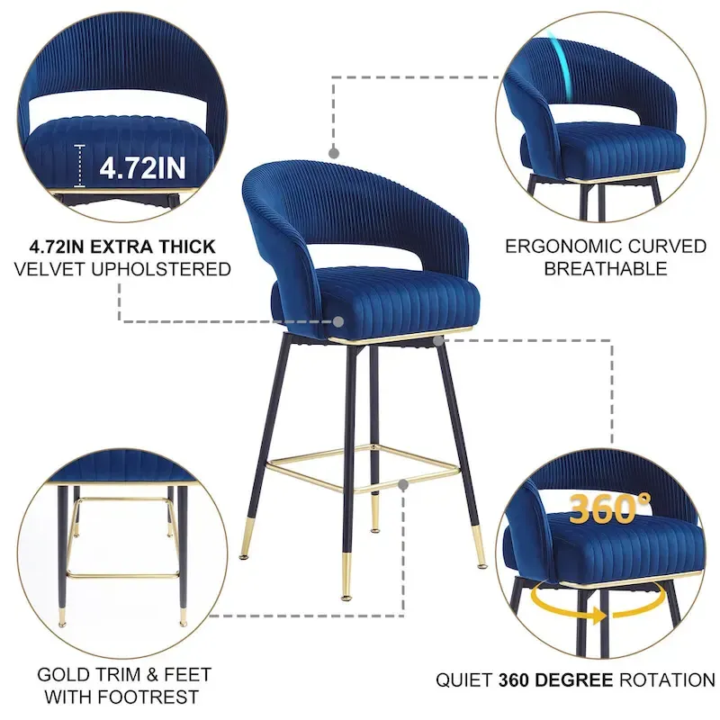 Hausfame Velvet Upholstered Set of 2 Swivel Barstool With Backs - 22.2 in. W X 21.5 in. D X 40 in. H