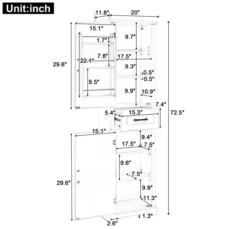 Bathroom Tall Storage Cabinet, Floor Freestanding Storage Cabinet with 2 Doors, One Drawer and Adjustable Shelf