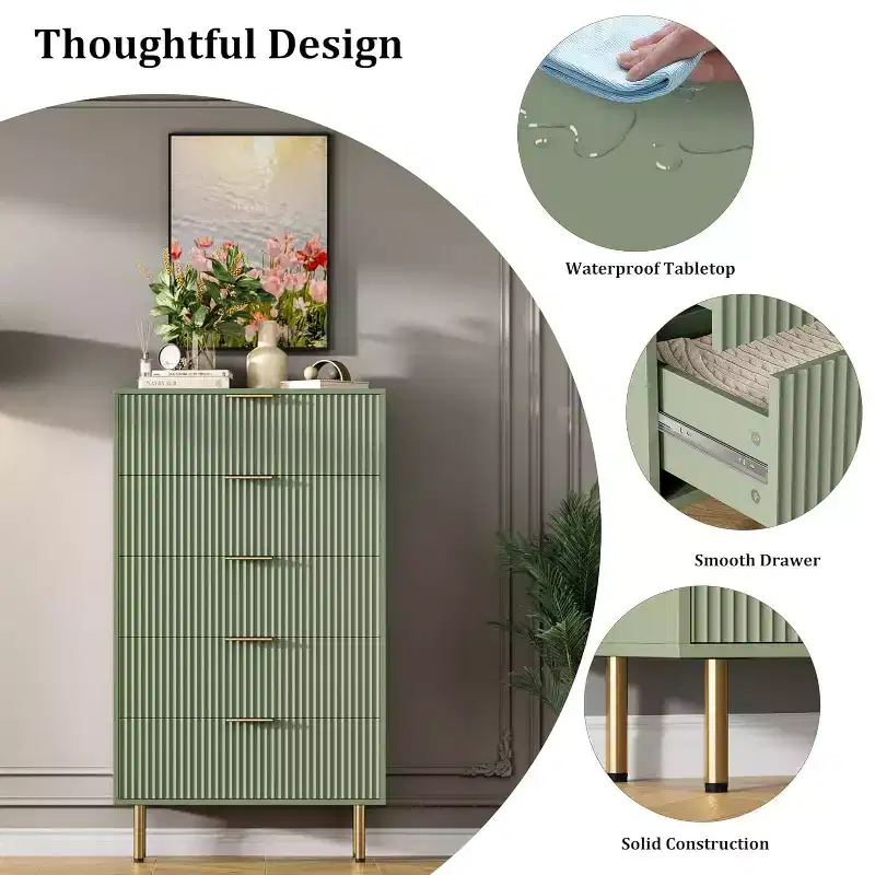5 Drawer Dresser, Tall Modern Chest with Fluted Panels & Wide Gold Handles, Bedroom Storage Organizer for Closet, Living Room, Entryway