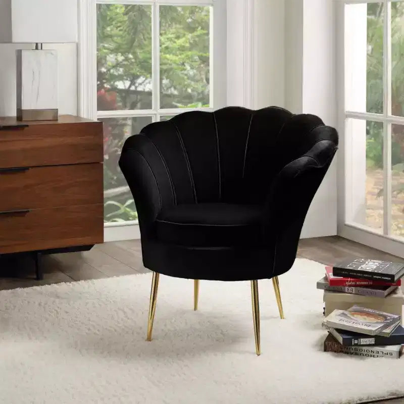 HOMLUX Angelina Velvet Scalloped Back Barrel Accent Chair with Metal Legs