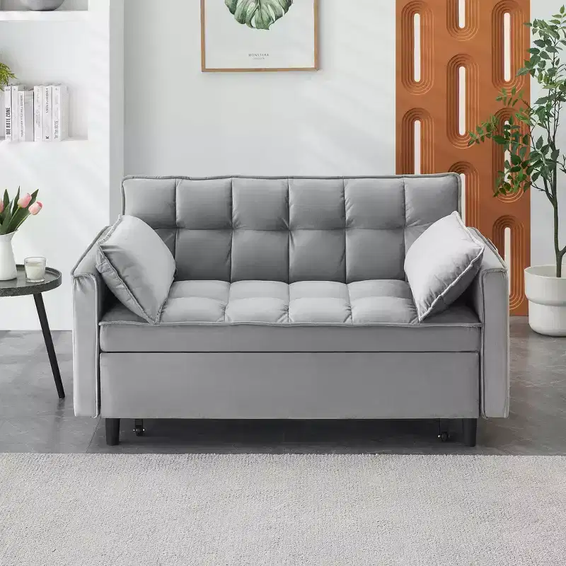 Modern Velvet Loveseat Sleeper Sofa with Toss Pillows and Pockets for Living Room Bedroom Gray