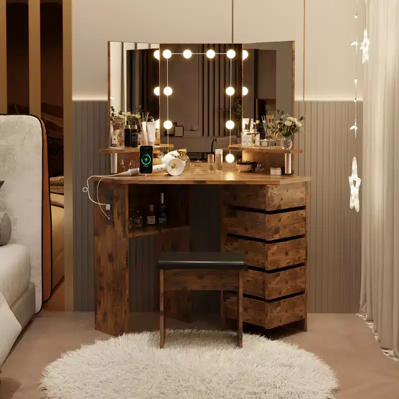 5-Drawer Rotating Dressing Table Set with Stool, Corner Design, Adjustable Brightness, Suitable for Bedrooms and Living Rooms