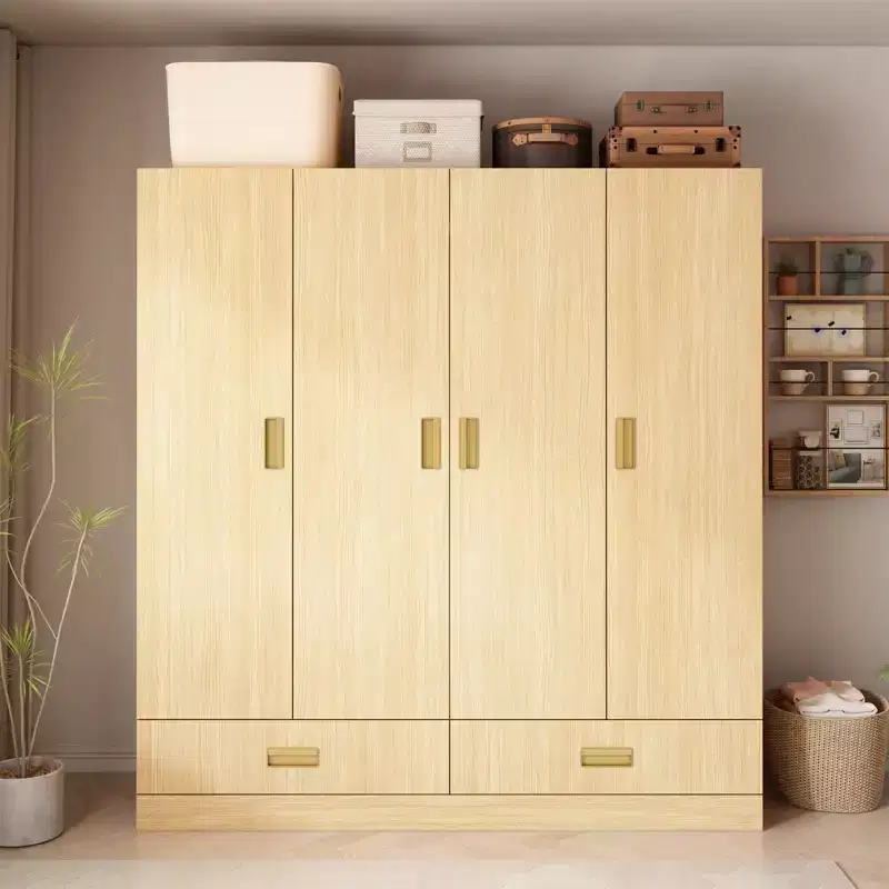 Famapy Beige 4 Door Armoir Wood Color Finish 2 Bottom Drawer Cabinets Stylish Storage