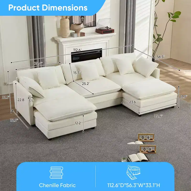 Mjkone 113'' U-Shaped Modular Sectional Sofa, 5-Seat Cloud Couch with 2 Ottomans, Modern Chenille Sofa Sleeper Deep Seat Couches