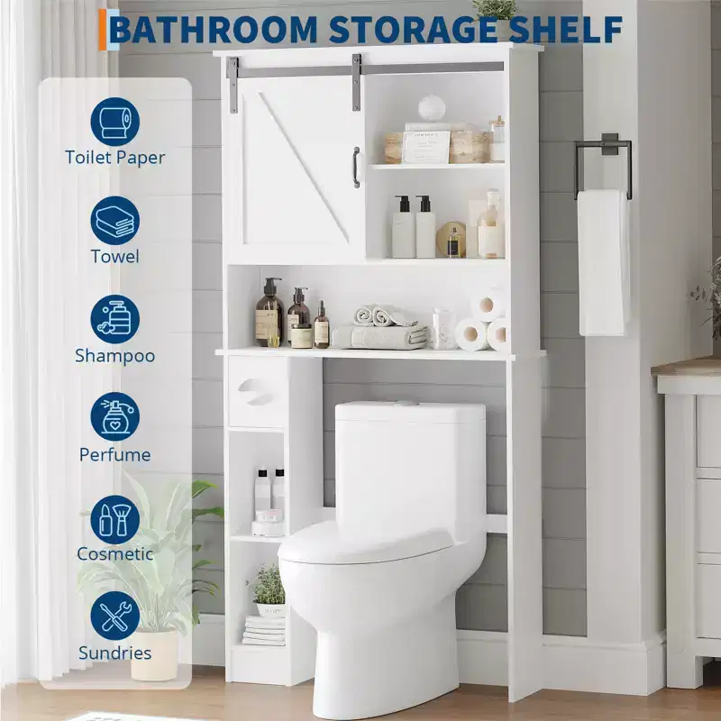 Space-Saving Over-the-Toilet Storage Cabinet  Double Doors, Adjustable Shelves, Freestanding Bathroom Organizer, Farmhouse Style,Toilet Paper Holder