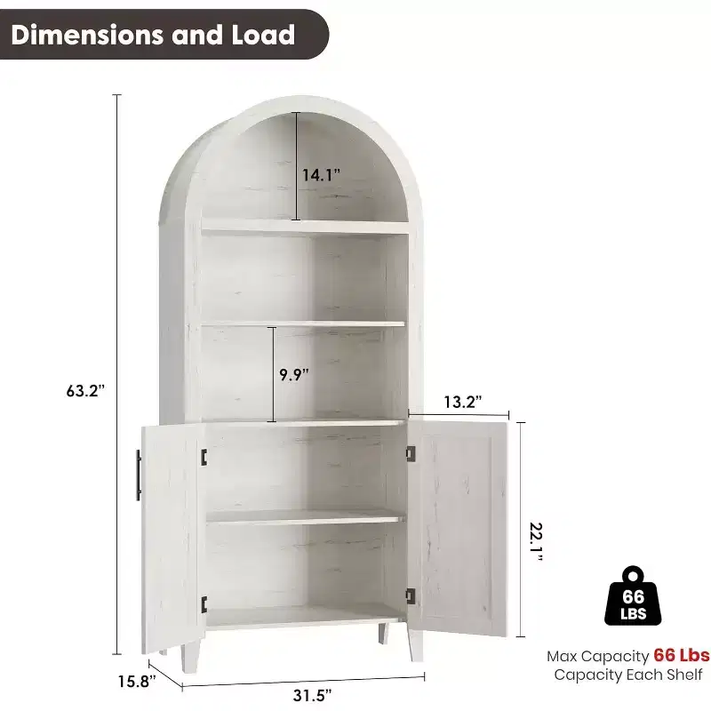 63.2 Tall Arched Cabinet,Arched Kitchen Pantry Cabinet,5-Tier Open Display Shelf with Adjustable Shelf,Wooden Pantry,Farmhouse Bookcase