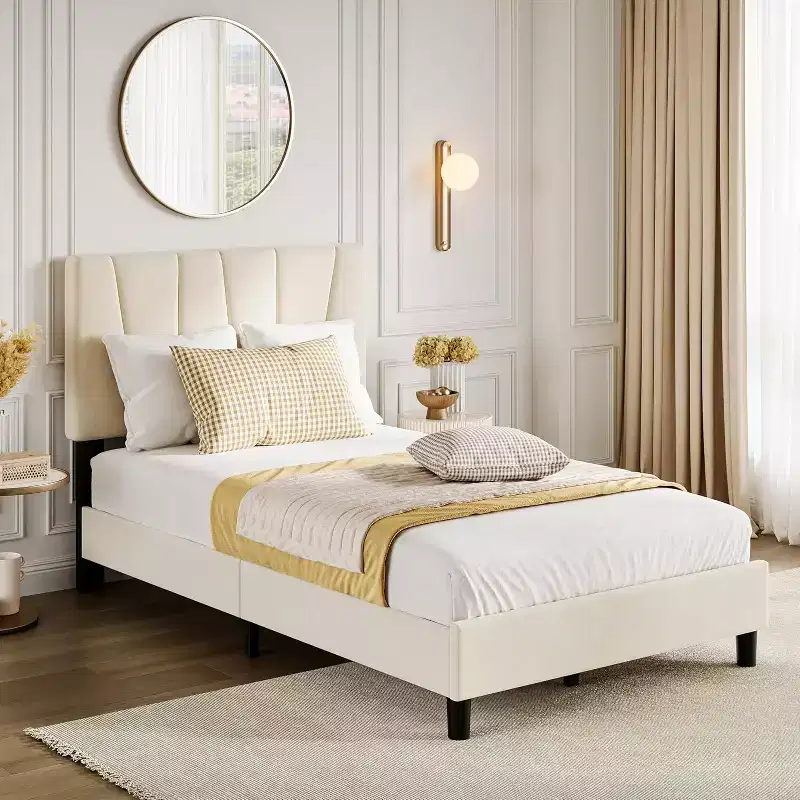 Twin Size Linen Upholstered Platform Bed Frame with Adjustable Headboard, Wooden Slats Support, No Box Spring Needed, Easy Assembly