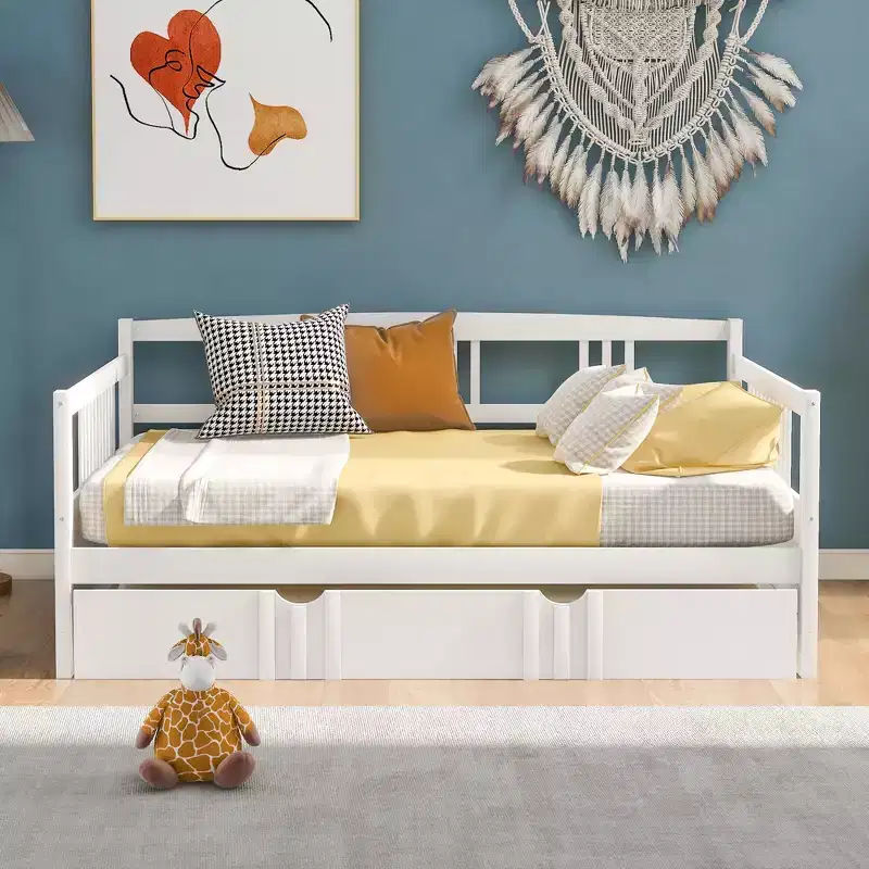 Full Size Wood Daybed with Twin Size Trundle, Space Saving Sofa Bed for Guest Room or Bedroom, White