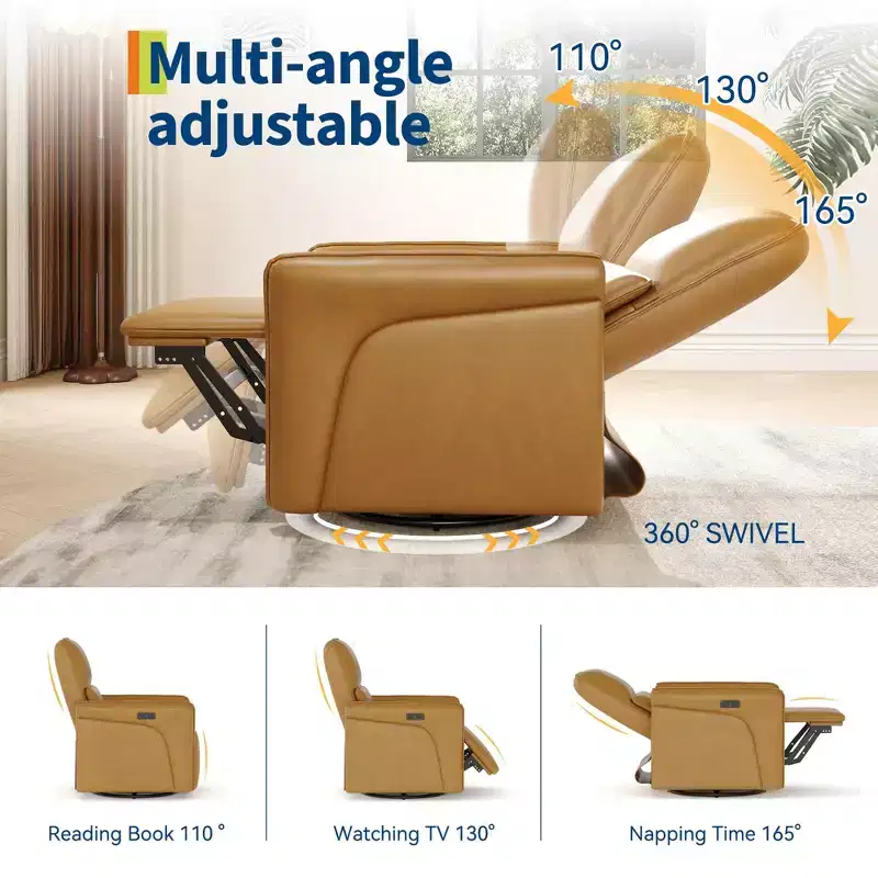 360 Swivel Rocker Recliner with USB Charging Port, Faux Leather Reclining Chair with Deep Seat & Adjustable Lumbar Support for Living Room