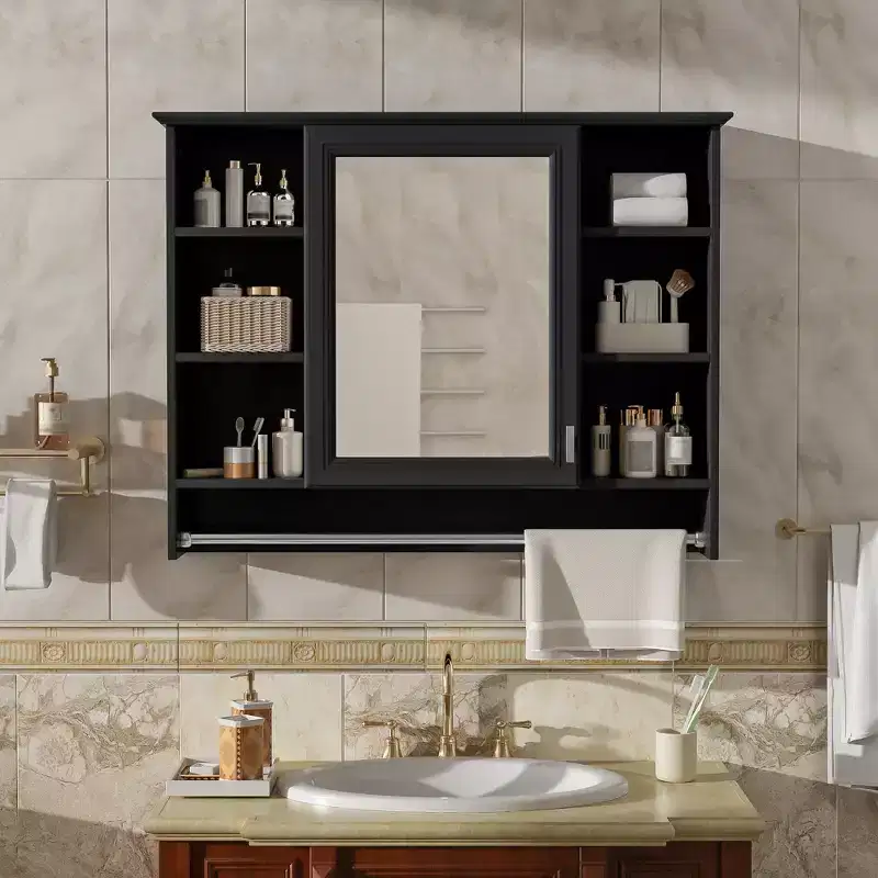 36 Bathroom Wall Mounted Medicine Cabinet with Mirrored Door and Towel Bar