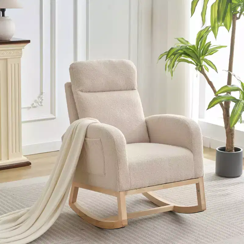 Modern Nursery Rocking Chair, Upholstered Glider Rocking Chair with Side Pockets, Rocking Armchair, Comfortable Recliner for Living Room