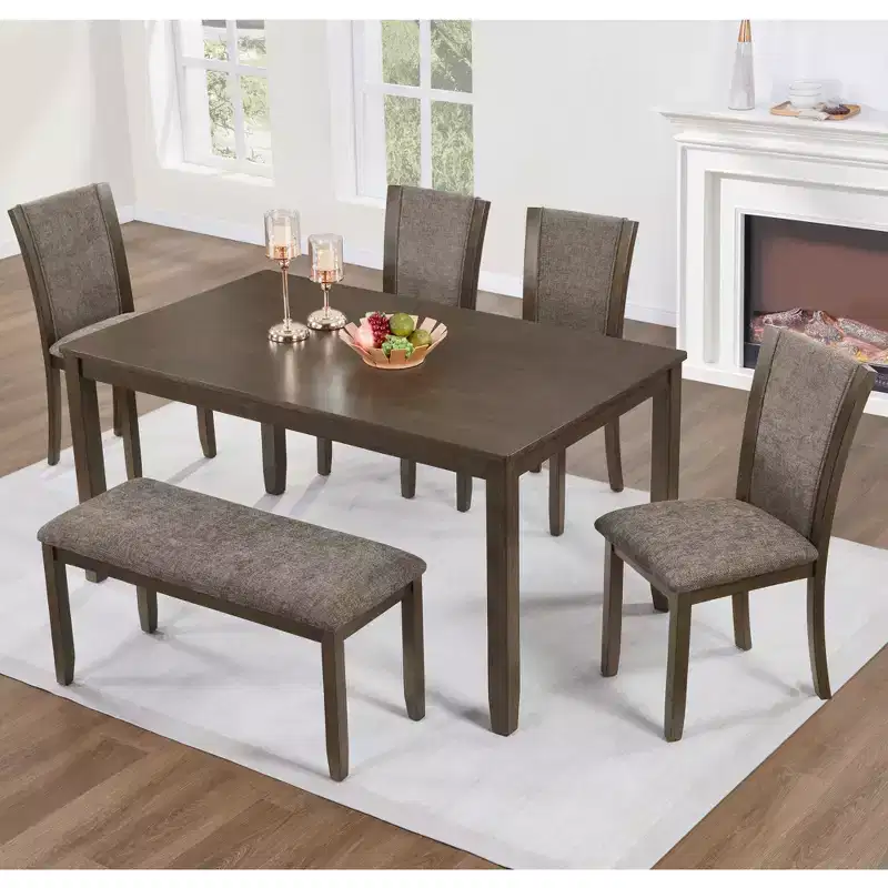 GDFStudio Eira Farmhouse 6-Piece Dining Set with Rubberwood Rectangular Table, 1 Bench, and 4 Linen Upholstered Chairs